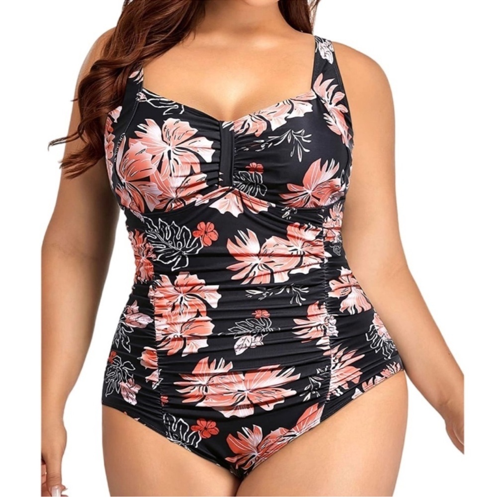 Daci Slimming Plus Size Tummy Control One Piece Swimsuit-Black Orange Floral